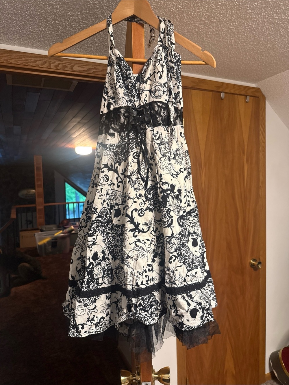 Hot Topic Black & White Floral & Skull Lace Halter Dress
